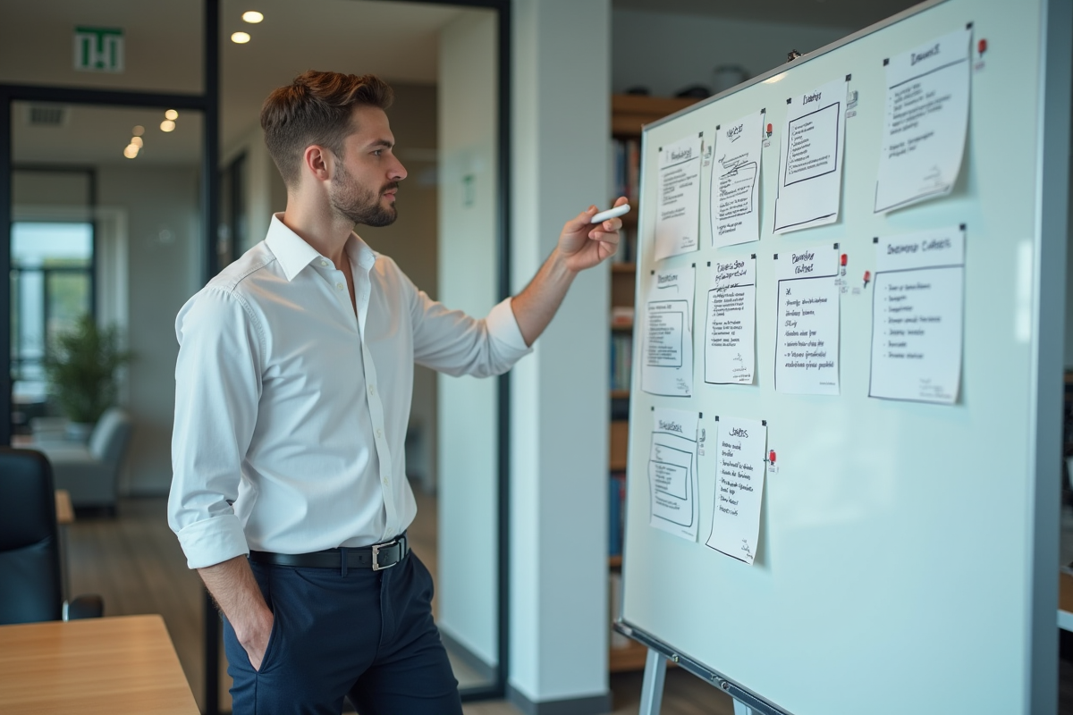 Jeune homme expliquant un plan devant un tableau blanc dans une salle de réunion