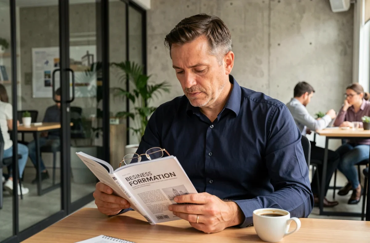 Homme professionnel lisant un magazine de formation business dans un espace de coworking moderne