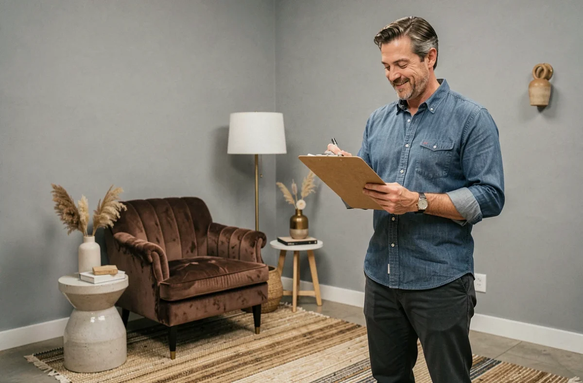 Homme en reconversion professionnelle présentant un aménagement décoratif réalisé lors d'une formation en décoration intérieure
