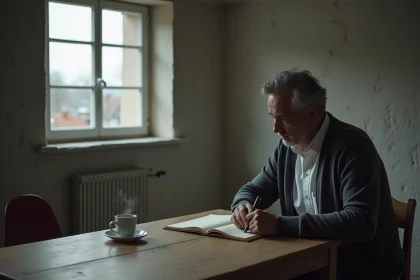 Homme contemplatif dans un grenier calme et sobre