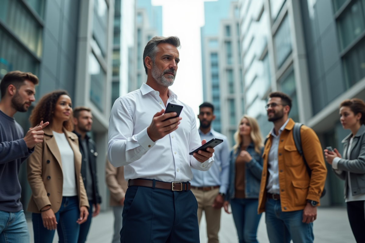 Homme avec smartphone en réalité augmentée dans une ville futuriste