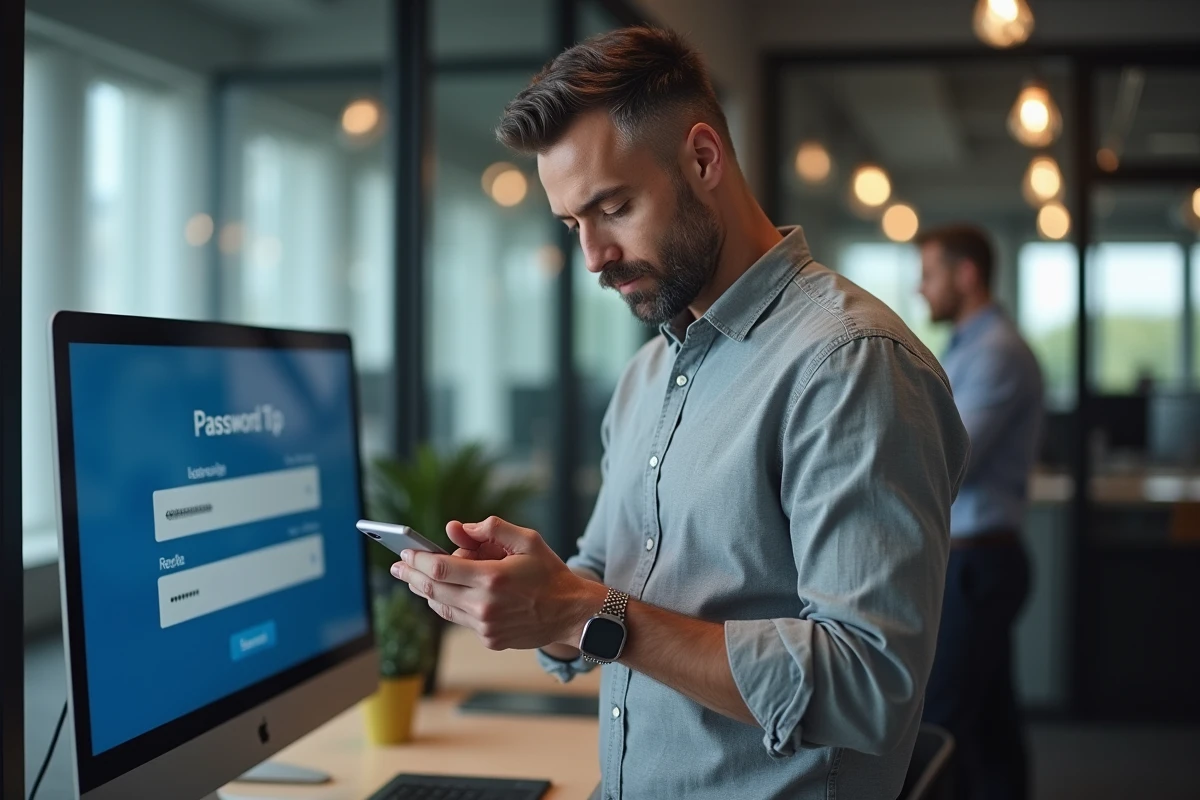 Homme vérifiant son smartphone au bureau