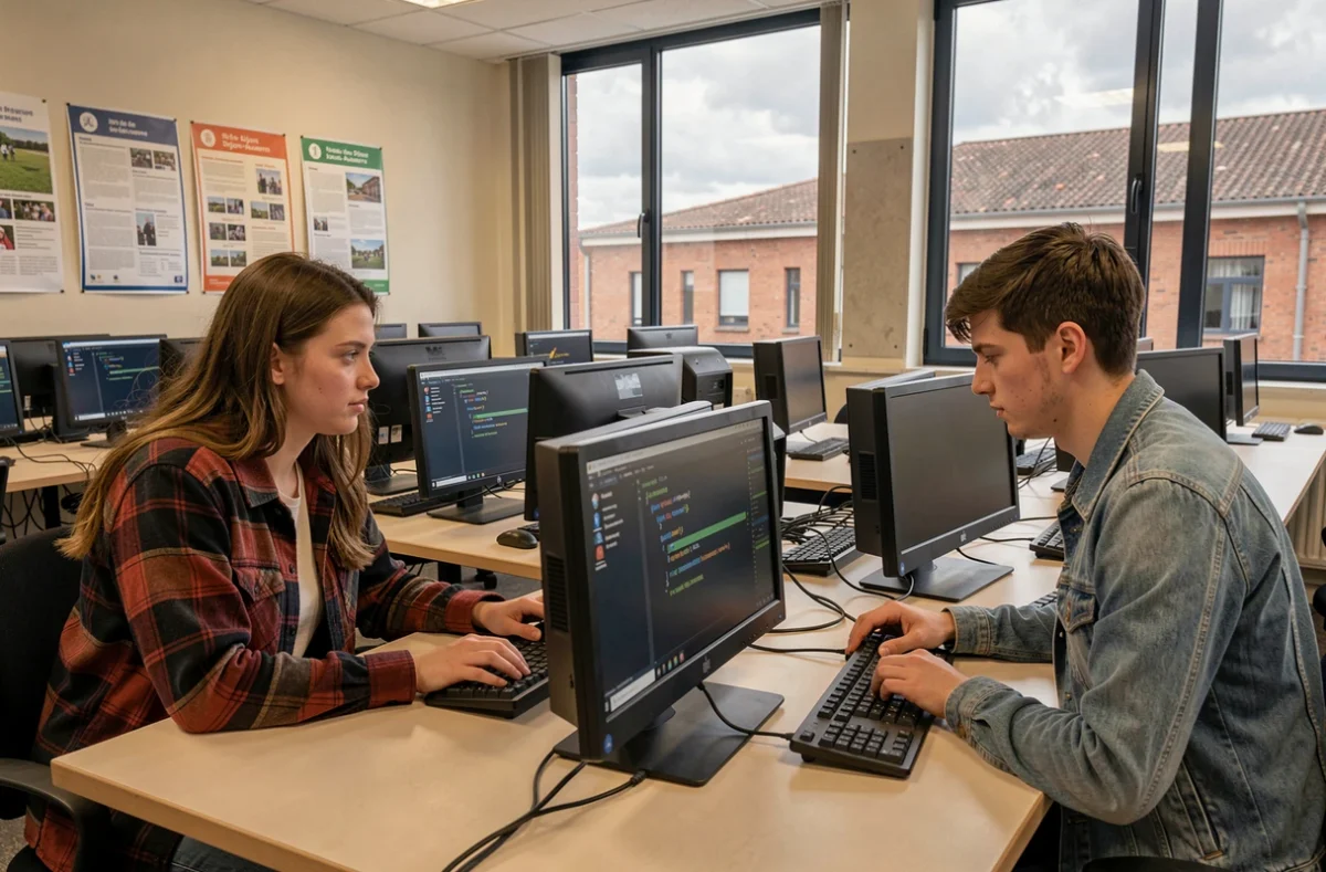 Étudiants travaillant sur un projet d'analyse de données Python dans une salle informatique de l'IUT de Dijon-Auxerre