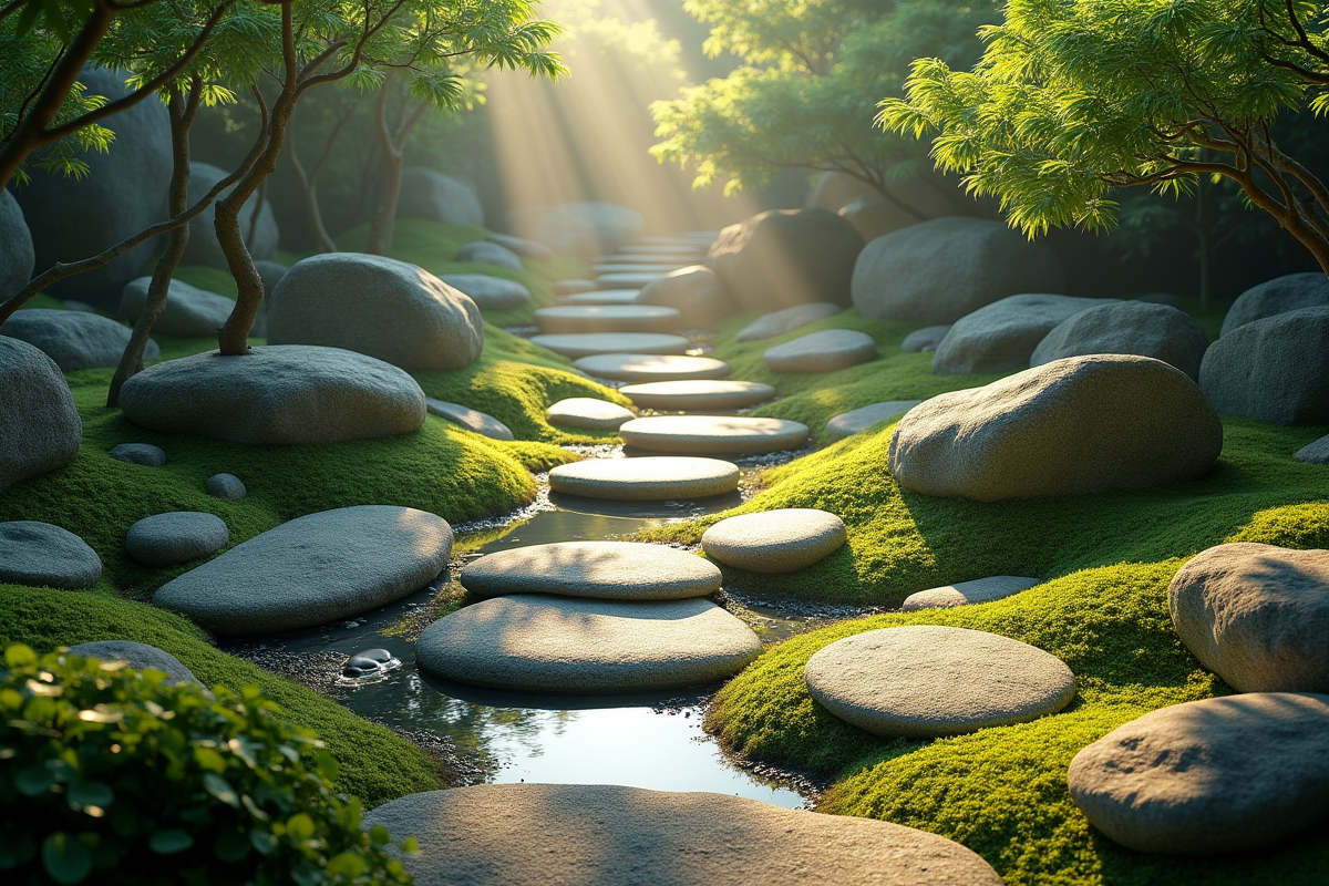 Jardin zen vue du dessus avec pierres et mousse verte
