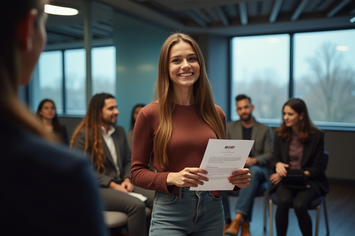 Jeune femme confiante lors d'une audition devant des directeurs