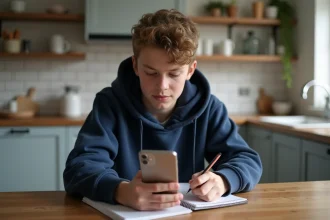 Adolescent en hoodie bleu utilisant son smartphone à la cuisine
