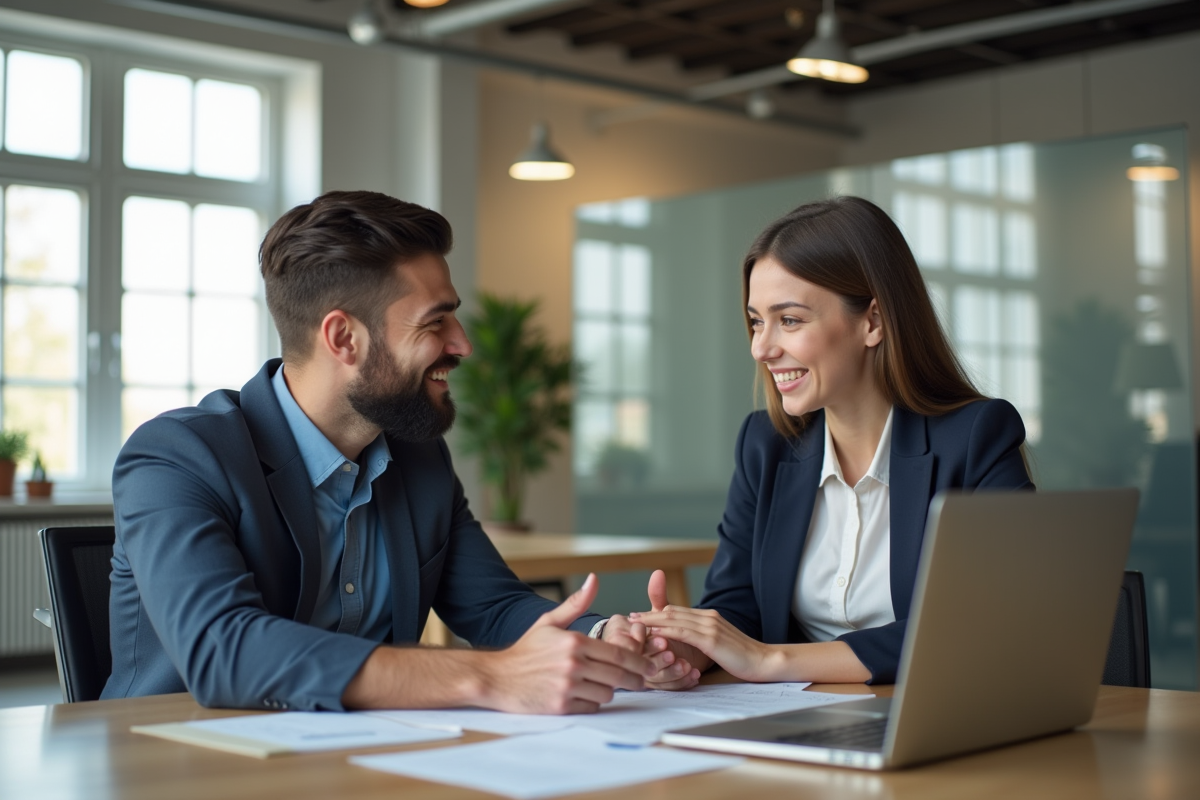 Jeune entrepreneur accueillant un stagiaire dans un bureau moderne