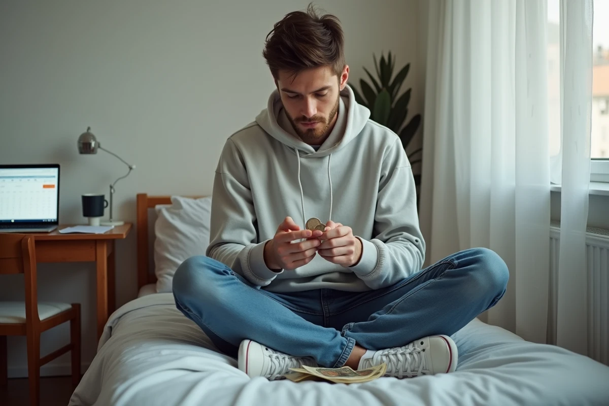 Jeune étudiant en jeans comptant des pièces et billets