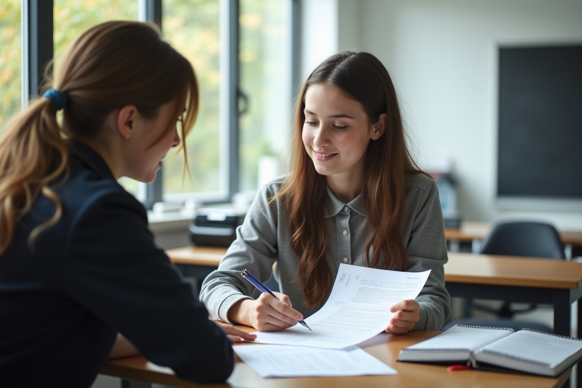 Jeune étudiant en classe moderne discutant avec un professeur