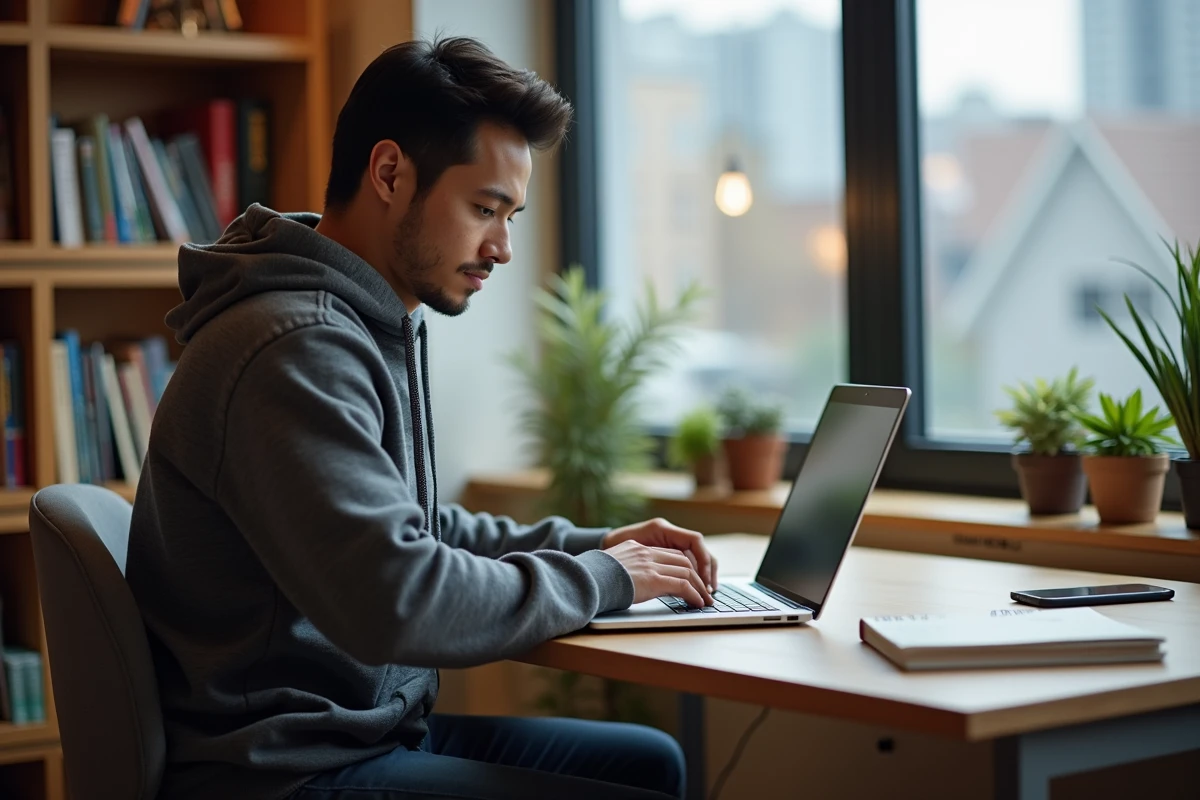 Jeune étudiant international travaillant sur son ordinateur dans un appartement