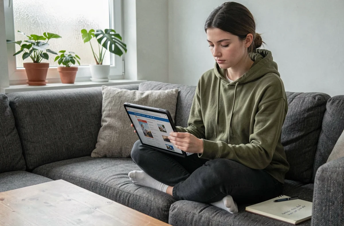 Jeune femme consultant un abonnement magazine de formation business sur tablette dans son salon