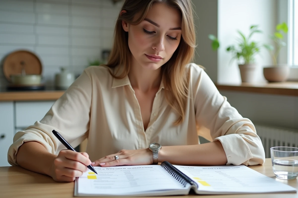 Jeune femme annotant une fiche métier Pôle Emploi chez elle avec un surligneur