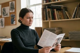 Jeune femme attentive examine une brochure d'art dans un cadre académique