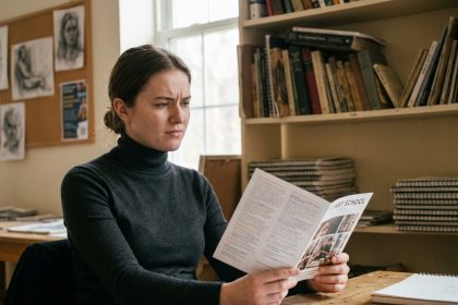 Jeune femme attentive examine une brochure d'art dans un cadre acad&eacute;mique