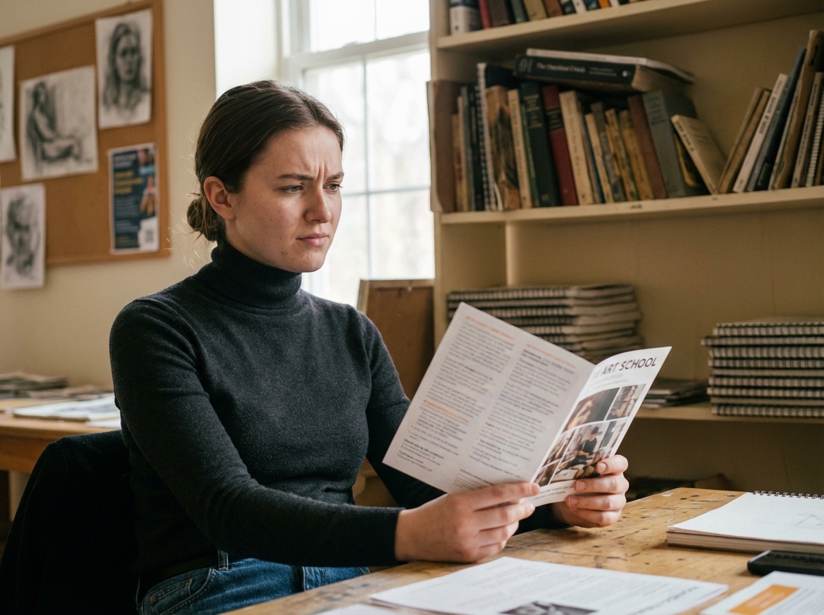 Jeune femme attentive examine une brochure d'art dans un cadre académique