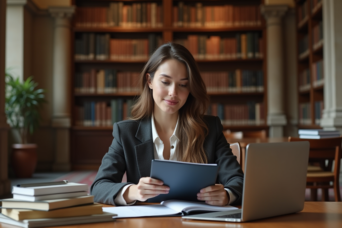 Jeune femme en blazer dans une bibliothèque universitaire