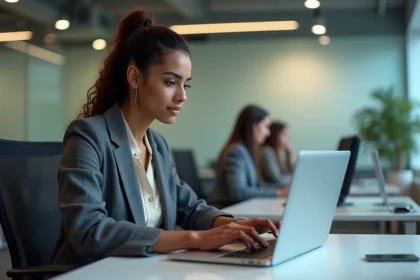 Jeune femme nord-africaine au bureau en pleine concentration