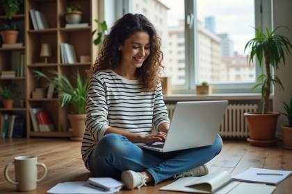Jeune femme souriante travaillant sur son ordinateur dans un bureau cosy
