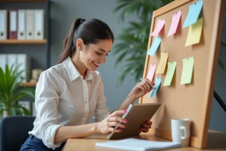 Jeune femme professionnelle arrangeant des notes colorées sur un tableau