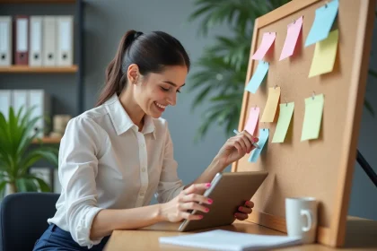 Jeune femme professionnelle arrangeant des notes colorées sur un tableau