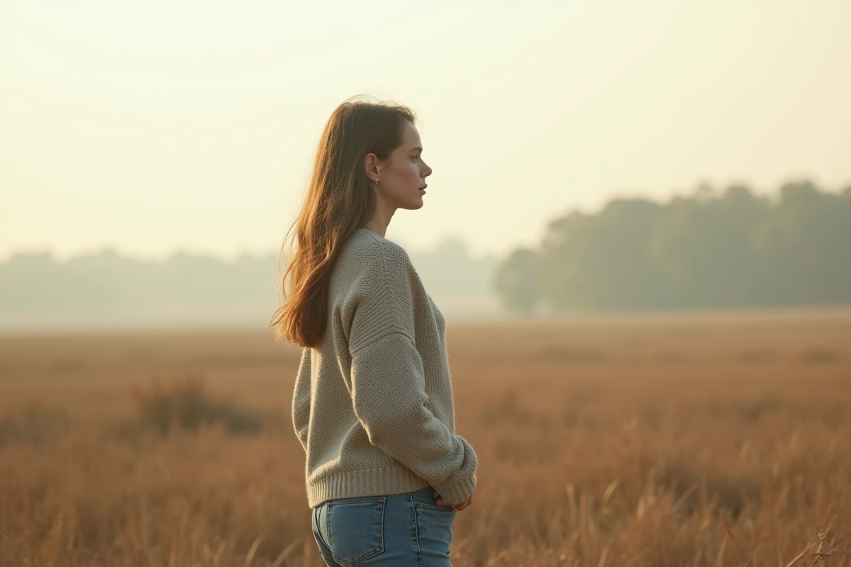 Jeune femme dans un champ vaste et venteux