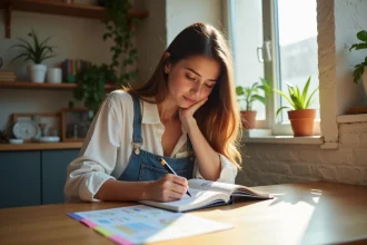 Jeune femme écrivant en conjugaison espagnole à la maison