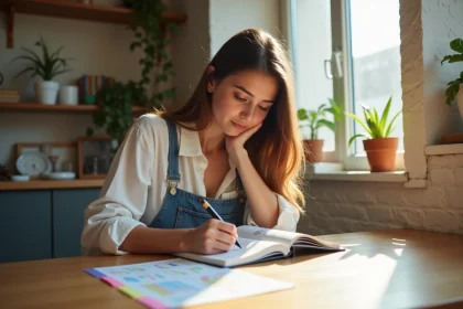 Jeune femme &eacute;crivant en conjugaison espagnole &agrave; la maison