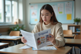 Jeune femme étudiant un brochure de cours d'anglais dans une salle moderne