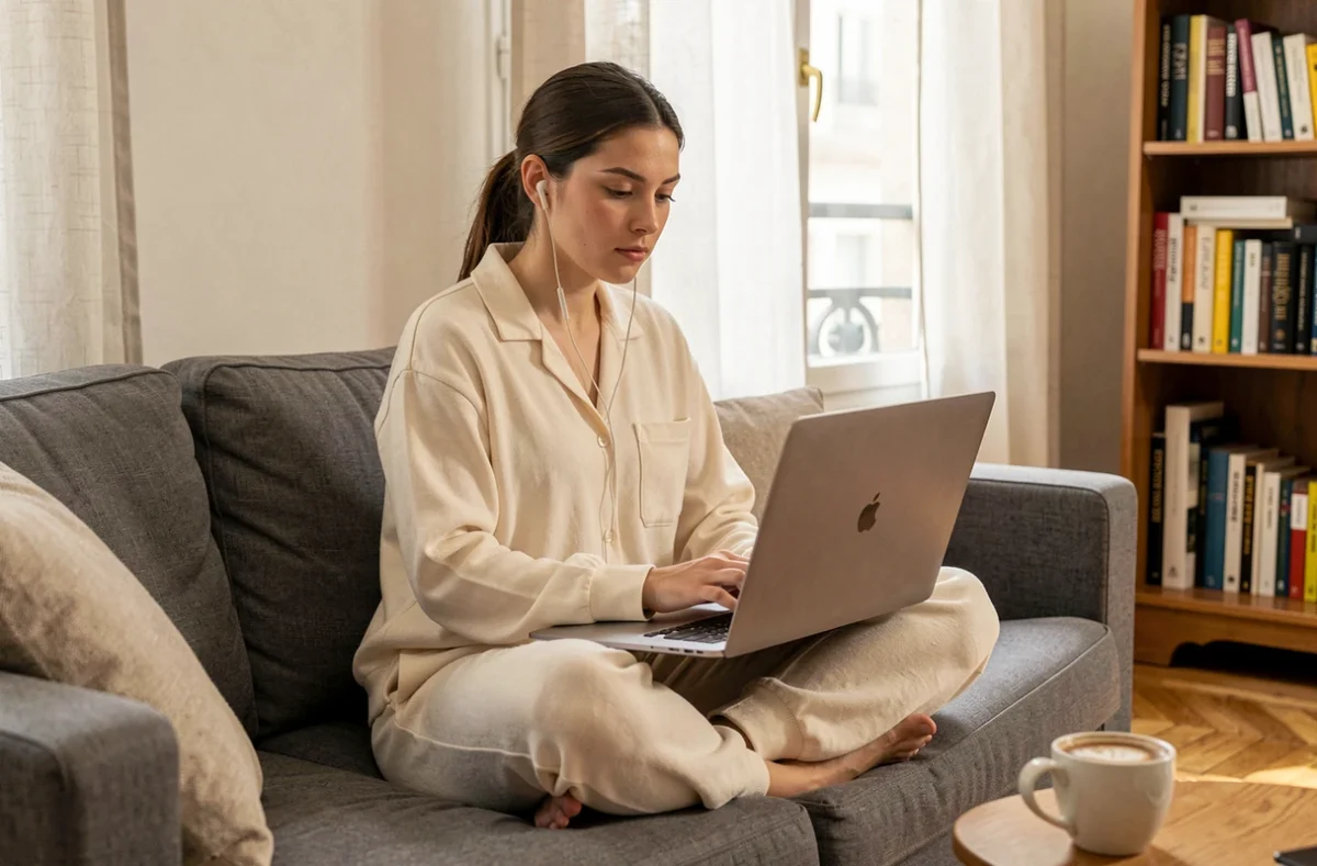 Jeune femme suivant un cours digital depuis chez elle dans un appartement parisien avec un ordinateur portable