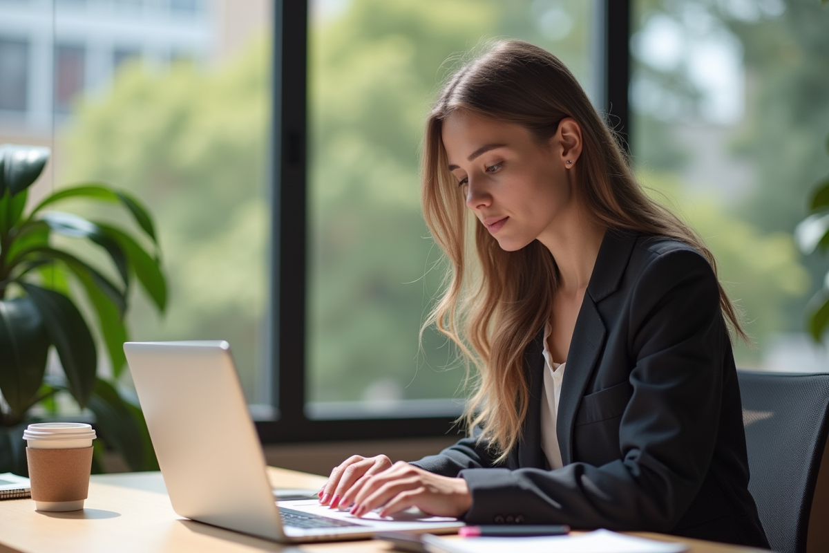 Jeune femme professionnelle au coworking avec ordinateur