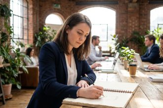 Jeune femme en coworking dessinant sur un grand notepad
