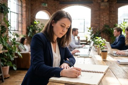 Jeune femme en coworking dessinant sur un grand notepad