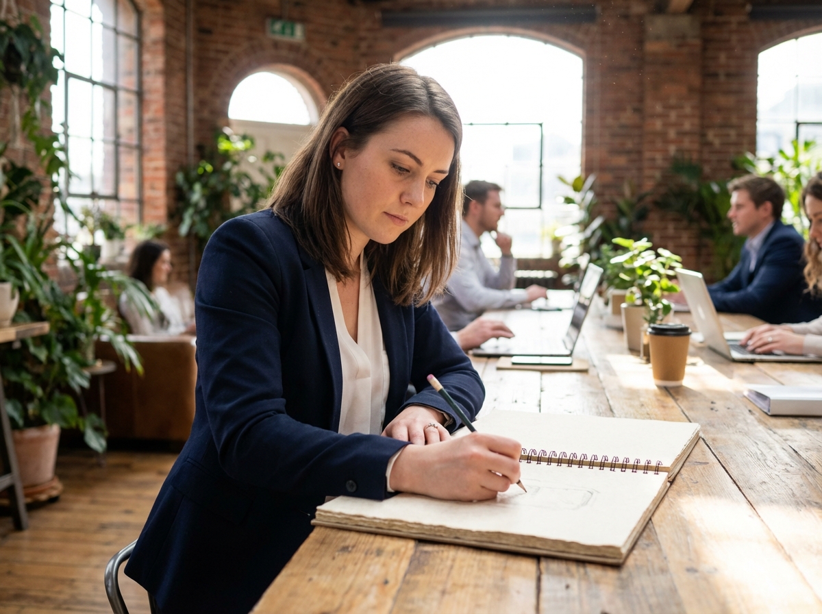 Jeune femme en coworking dessinant sur un grand notepad