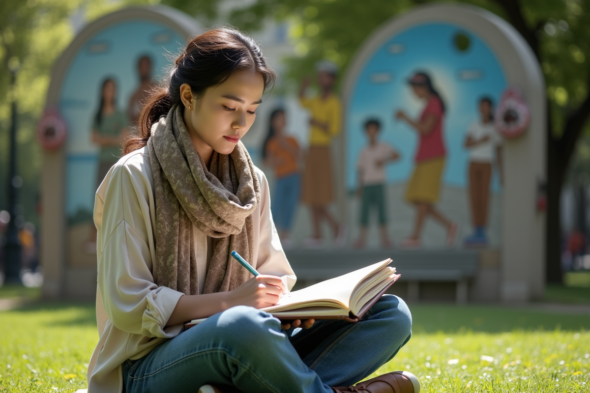 Jeune femme sketchant dans un parc urbain coloré