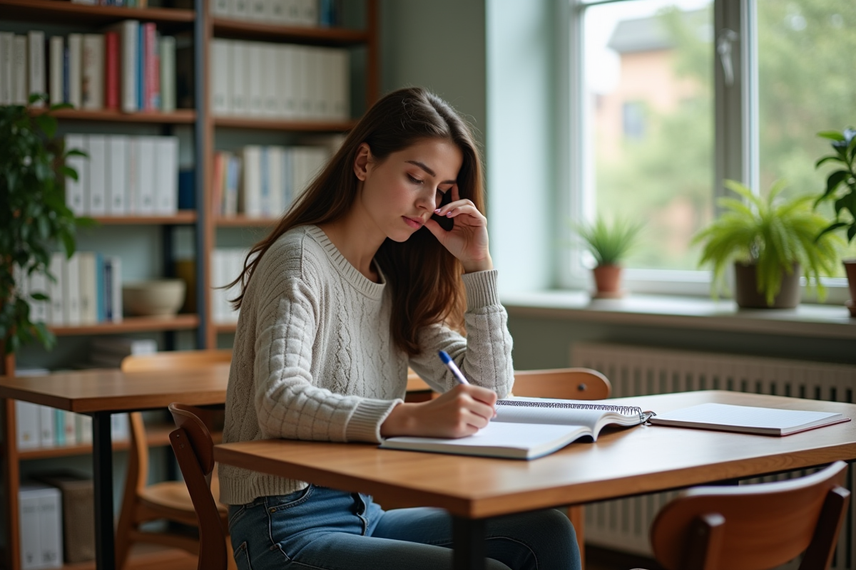 Jeune femme en étude dans une bibliothèque universitaire