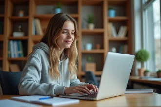 Jeune femme en hoodie universitaire utilisant un ordinateur portable
