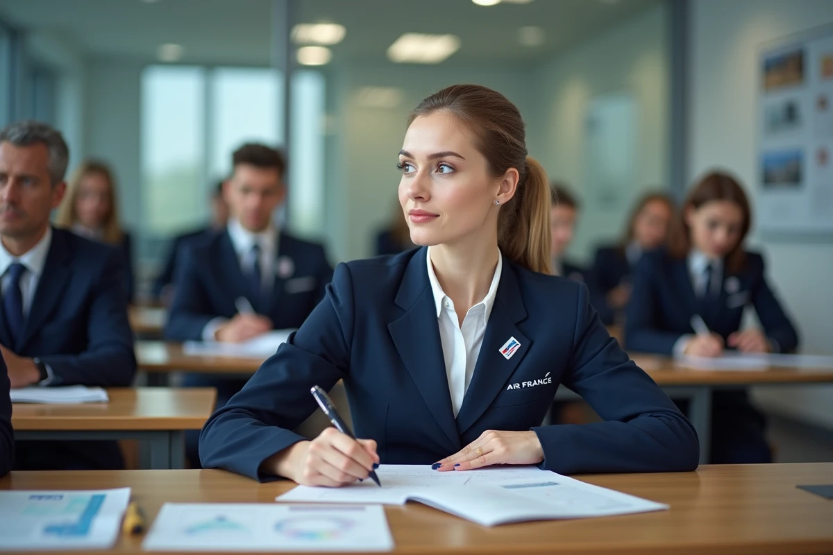 Jeune femme en uniforme Air France en formation