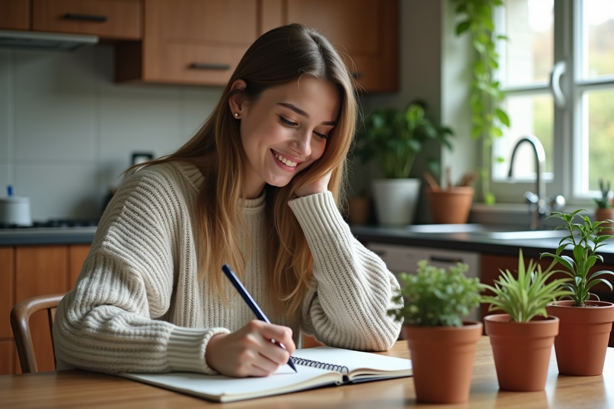 Jeune femme écrivant à la maison avec des plantes sur la table