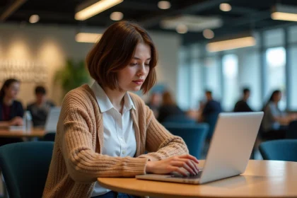 Jeune femme concentr&eacute;e sur son ordinateur dans un camlounge moderne
