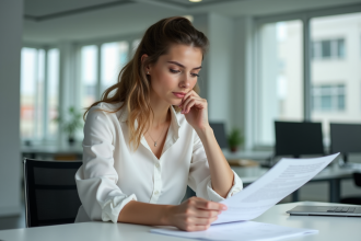 Jeune femme en tenue professionnelle lit un document dans un bureau français
