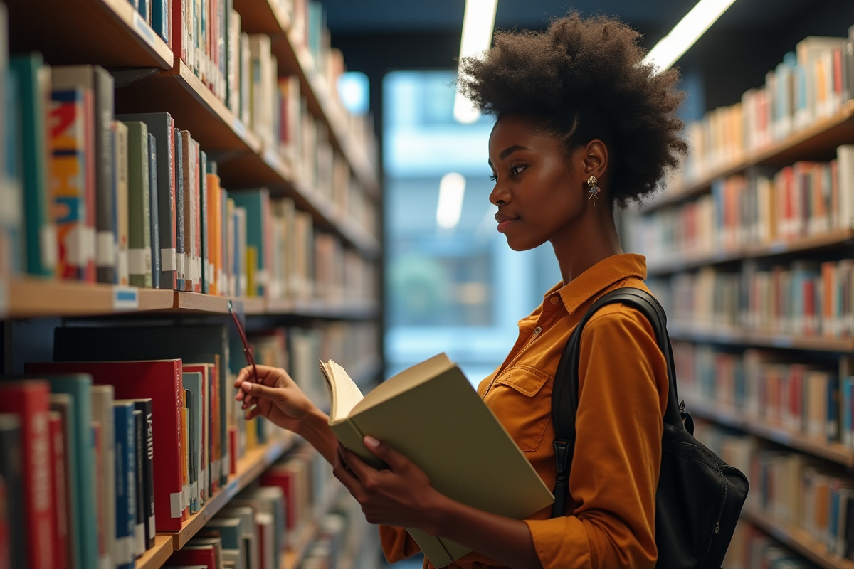 Jeune femme choisissant un livre dans une bibliothèque
