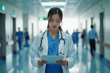 Jeune femme medecin en blouse bleue dans un couloir d'hôpital