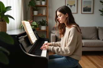 Jeune femme jouant du piano numérique dans un salon moderne