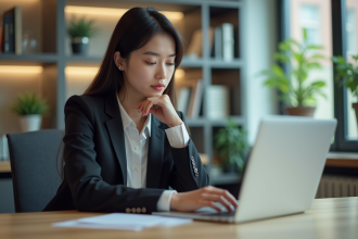 Jeune femme en blazer travaillant sur un ordinateur dans un bureau moderne