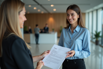 Jeune femme souriante remettant son CV à la réception