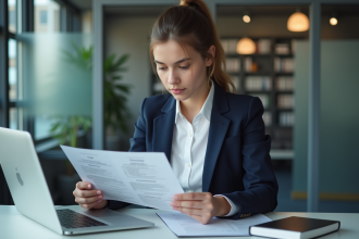 Jeune femme professionnelle examinant un CV français au bureau