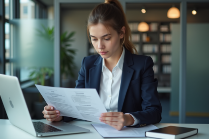 Jeune femme professionnelle examinant un CV français au bureau