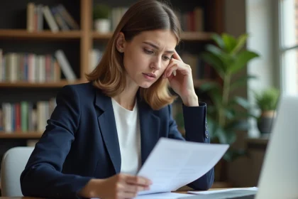 Jeune femme relisant attentivement une lettre de motivation pour un stage à son bureau à domicile