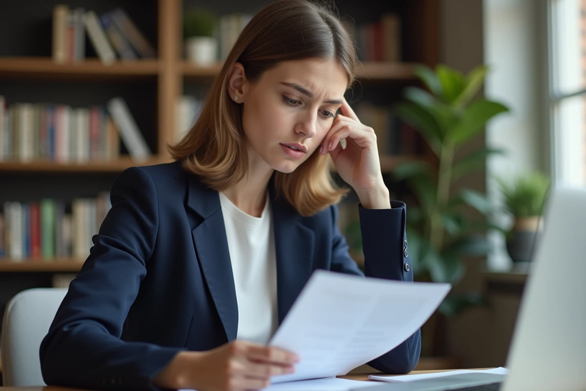 Jeune femme relisant attentivement une lettre de motivation pour un stage à son bureau à domicile