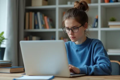 Jeune femme en sweater bleu tente de r&eacute;initialiser son mot de passe sur son ordinateur